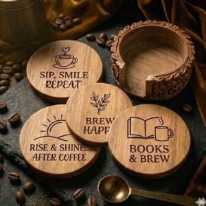 Custom Engraved Natural Wood Coaster Set with Stand (Set of 4)